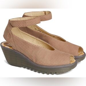 Fly London Yala Perforated Taupe Wedge Ankle Strap Open Toe Sandals Size 39